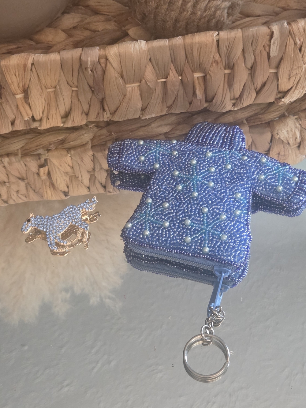 Blue Beaded Sweater Coin Purse & Blue Rhinestone Galloping Horse Brooch Bundle